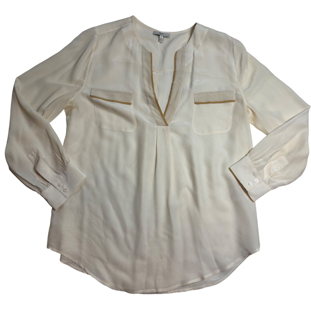 Joie Blouse Women's Ivory Excellent Silk Split Neck Contrast Trim C81-23291 Sm